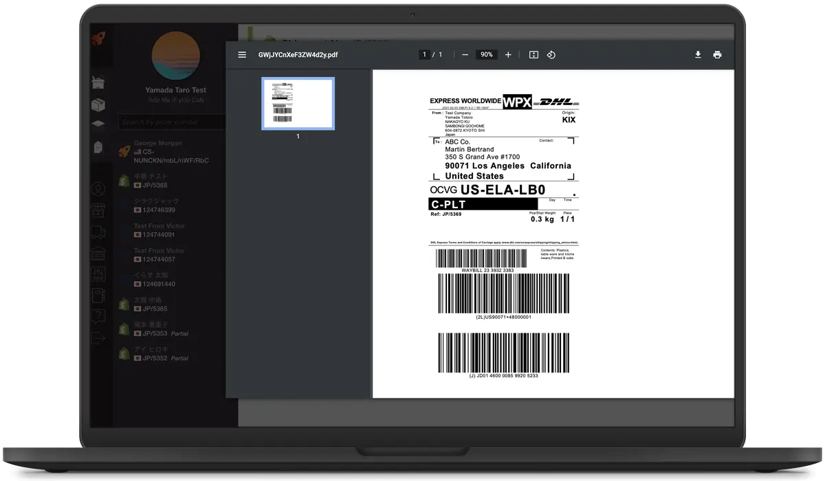 A generated shipping label ready for printing